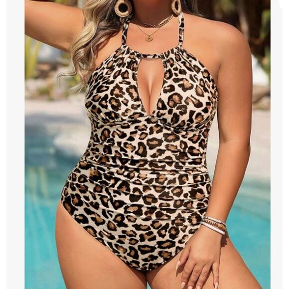 NEW Aqua Eve Leopard 1 Piece Halter Swimsuit Size 22W NWT Wear Two Ways Plus - Picture 1 of 8